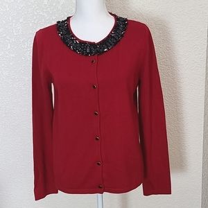 NWT JONES NY red cardigan with beads and decorative fabric at neckline. PM